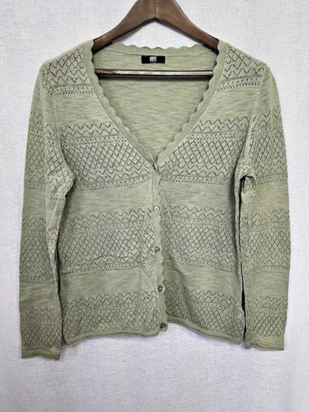 Frye Sage Green Pointelle Scalloped Cardigan M/L (No Size Tag)